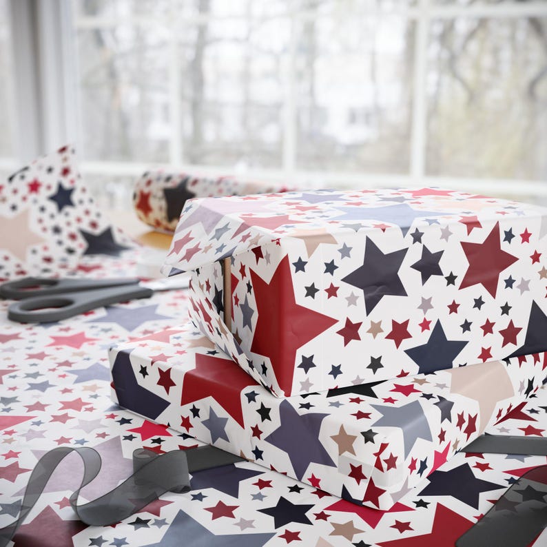 Americana Stars Wrapping Paper, Patriotic Gift Wrap, Folksy Red White & Blue, Holiday or Everyday Wrap, 3 Sizes, 2 Finishes image 5