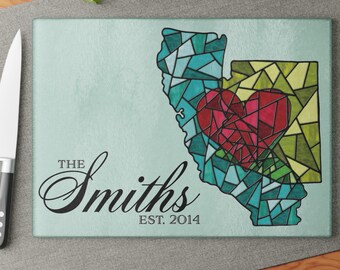 Skärbräda i glas, mashup av 2 stater eller 2 länder, med målat glas-look, handritad på beställning, personligt namn och datum, 2 storlekar