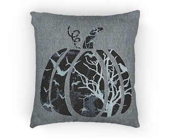 Spooky Forest Pumpkin Woven Pillow, Gothic Halloween Throw Pillow, Haunted Woodland Decor, Black Pumpkin Pillow, Moody Fall Home Decor
