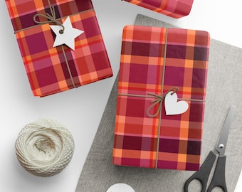 Plaid Wrapping Paper, Red & Orange Gift Wrap, Classic Check Pattern, Holiday or Bold Everyday Wrapping, Matte or Glossy, 3 Roll Sizes