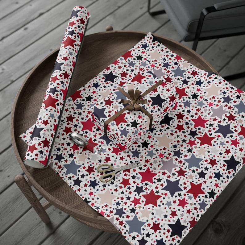 Americana Stars Wrapping Paper, Patriotic Gift Wrap, Folksy Red White & Blue, Holiday or Everyday Wrap, 3 Sizes, 2 Finishes image 4