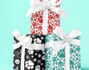 Paw Print Wrapping Paper Rolls, In 3 Colors: White + Teal, Black, or Red - One-Sided 90 GSM Fine Art Paper, Matte or Glossy, 3 Sizes