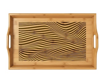 Engraved Bamboo Serving Tray with Warped Lines Illusion, 16.5" × 9.75" × 2.5"