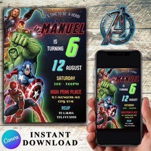Modello di invito digitale per festa di compleanno di Avengers, inviti per feste di compleanno, invito per feste digitali per bambini, invito per feste di compleanno modificabili con Canva