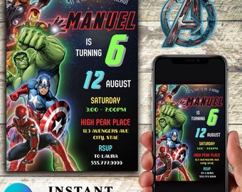 Puede incluir: Una invitación digital para una fiesta de cumpleaños de 6 años con temática de superhéroes. La invitación presenta un fondo negro con imágenes de superhéroes populares de Marvel, incluidos Iron Man, Capitán América, Hulk, Thor y Spiderman. El texto de la invitación dice: "¡Es hora de ser un héroe! Manuel cumple 6 años. 12 de agosto. Sábado de 15:00 a 19:00. High Peak Place. 123 Avengers Ave. City, State. RSVP a Laura 555.777.9999."