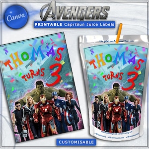 Printable Avengers Custom Capri Sun Juice Pouch Labels, Editable Avengers heroes Birthday Party Capri Sun Canva Editable Digital Labels