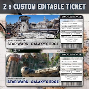 Boleto de viaje sorpresa a Star Wars Galaxy's Edge, tarjeta de embarque imprimible (PDF editable)