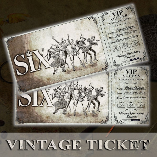 Printable Vintage Six Musical Broadway Theatre Ticket, West end ticket, Musical Ticket, Show Ticket, Gift Giving, Surprise Event, Voucher