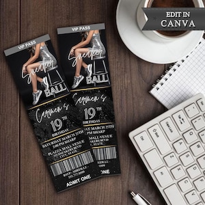 Silver Sneaker Ball Ticket Template, Sneaker Ball Birthday Template, Sneaker Ball Sweet 16 Party, Sneaker Ball Editable Silver Ticket Party