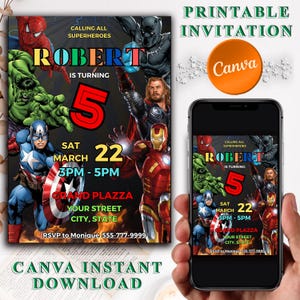 Avengers Birthday Party Invitation, Editable Canva Template (Digital Download)
