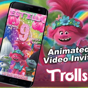 Trolls Video Birthday Party Invitation, Trolls Birthday Party, Trolls Video Animated Birthday Invitation for girls