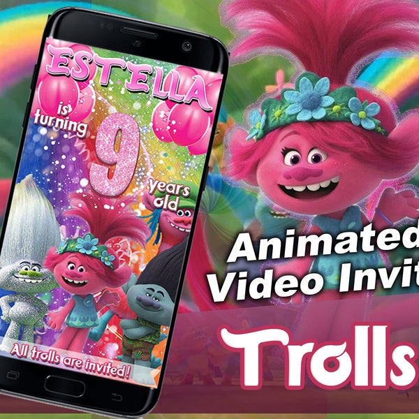 Trolls Video Birthday Party Invitation, Trolls Birthday Party, Trolls Video Animated Birthday Invitation for girls