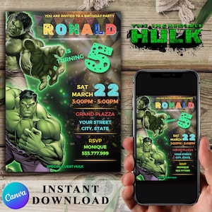 Hulk Birthday Invitation, Superhero Party, Canva Template (Digital Download)