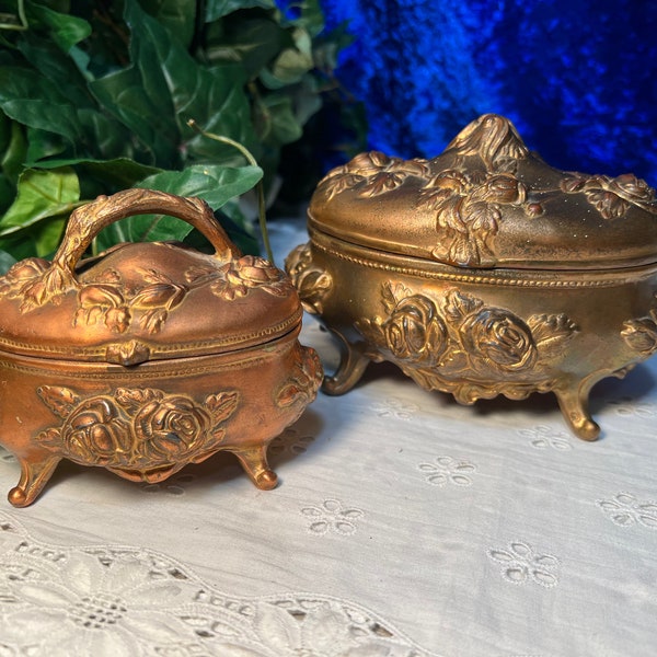 Antique Jewelry Box Casket, Set of 2, Gold Tone Victorian Art Nouveau, Lovely Bedroom Vanity Dresser Decor, Trinket Ring Box