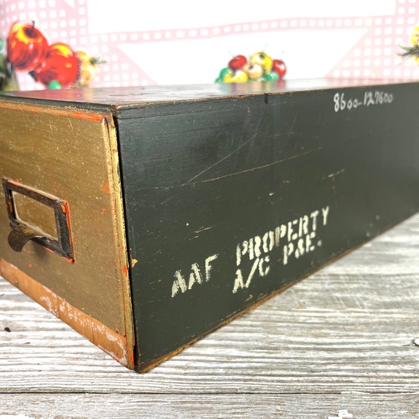 Vintage WWII Wood File Box, Index Card, Desk Office Storage Organizer, Man Cave, War History Buff Decor, AAF Army Air Force