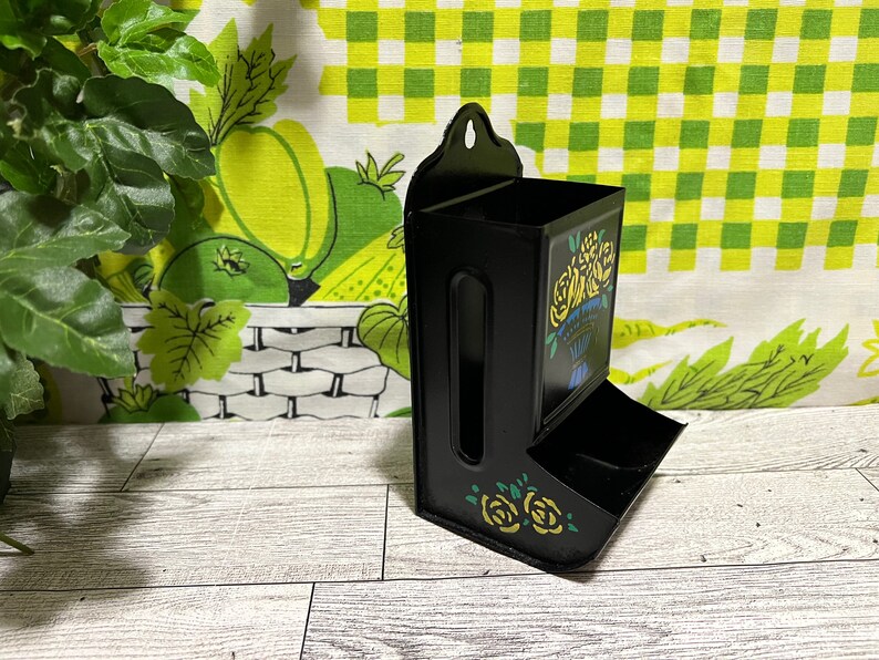 Hand Painted 1940s Metal Matchbox Holder, Wall Mount Match Box Safe