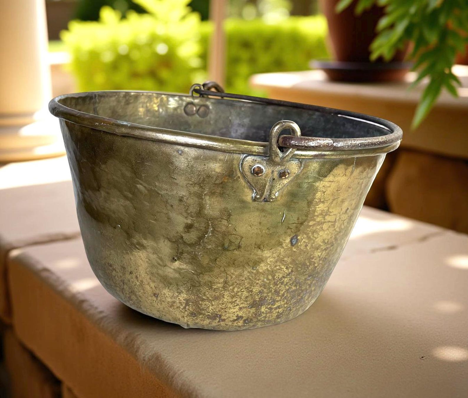 Antique 17” Hammered Brass Cauldron: Rustic Farmhouse Pot Kettle Decor ...