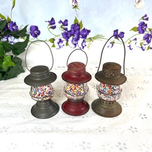 Antique Candy Container, Glass Metal Oil Lamp Style, Railroad Train Lantern Miniature, Doll Toy Display Decor