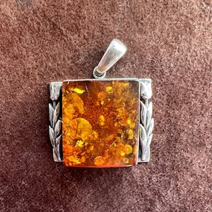 Vintage Baltic Amber Pendant, Sterling Silver, Tulip Floral Design, Never Worn NOS Jewelry, Shipping/Insurance Included
