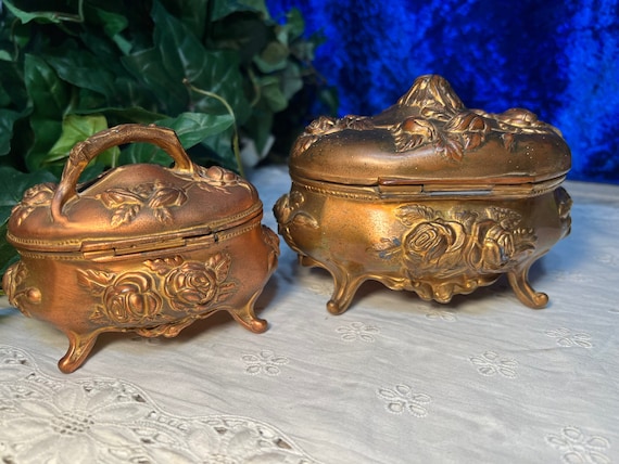 Antique Jewelry Box Casket, Set of 2, Gold Tone V… - image 2