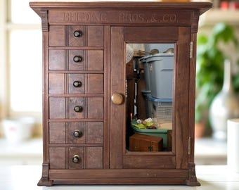 Antique Belding Bros. Spool Cabinet: Mirrored Door, Thread Storage, General Store Display