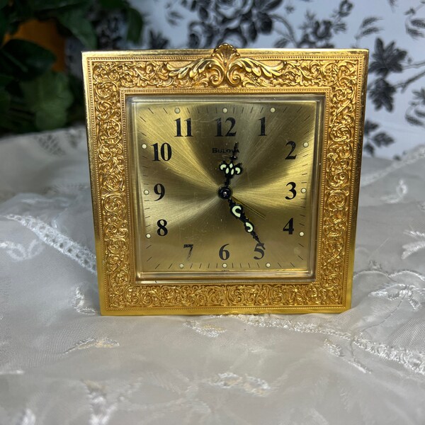 Vintage Bulova Square Ornate Gold Alarm Clock, Desk, Night Stand, Wind Up with Glow in the Dark Hands