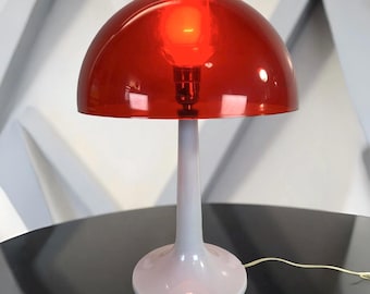 Vintage Mushroom Lamp, Red White Lucite, Mid Century Art Deco or Bohemian Decor