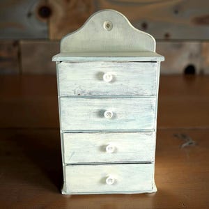 Vintage Primitive Spice Cabinet, Distressed Powder Blue Aqua, Apothecary Wood Storage Box, 4 Drawers, Rustic Cottage Farmhouse Kitchen Decor