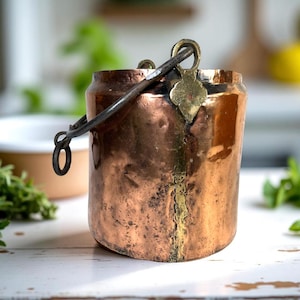 Antique 1800s Copper Hanging Pot Bucket Pail, Forged Iron Handle, Primitive Rustic French Country Cottage Farmhouse Kitchen Fireplace Decor