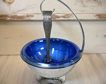 Vintage Art Deco Cobalt Blue Ice Bucket Bowl with Tongs - MCM Barware