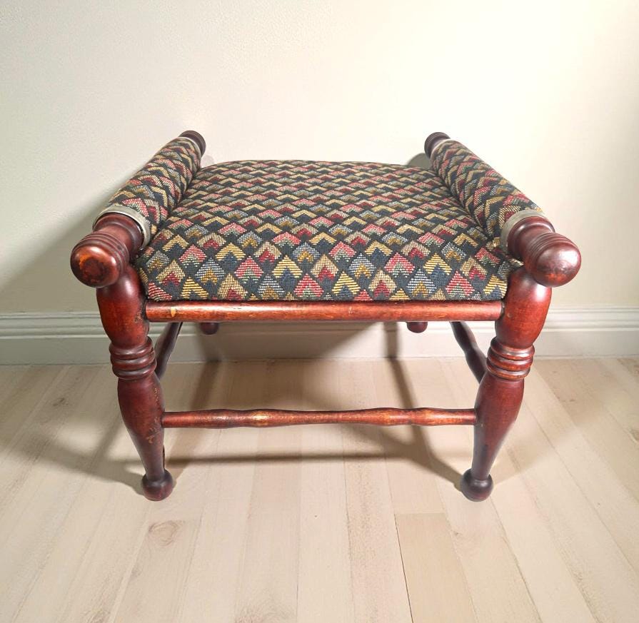 Antique Art Deco Footstool: Geometric Fabric Cover, Rustic Farmhouse ...
