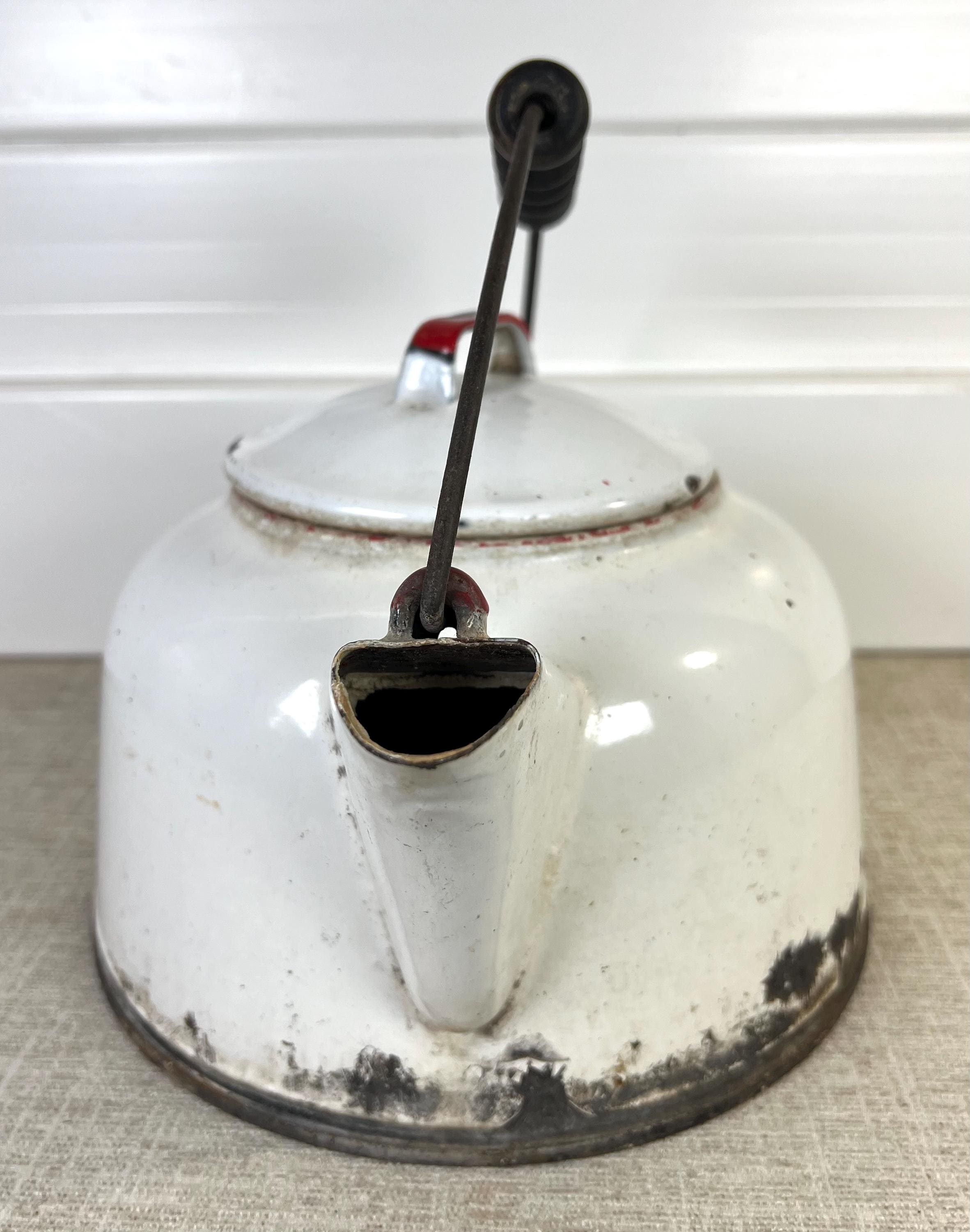 Vintage White Enamelware Tea Kettle: Red Trim, Wood Handle