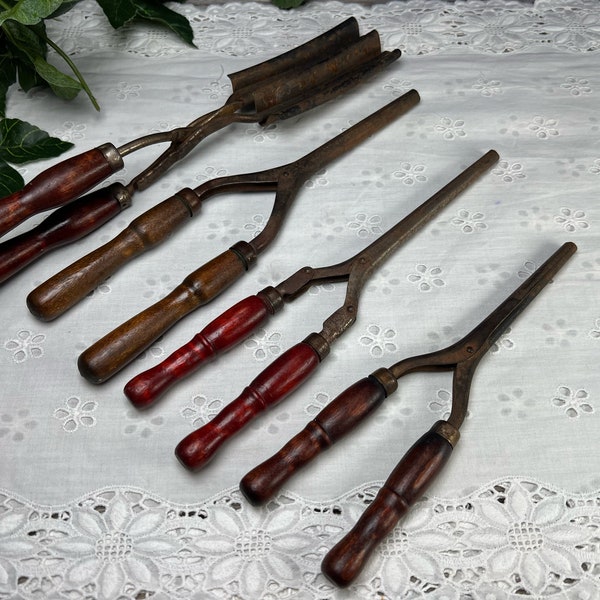 Antique Set of 3 Curling Irons, & 1 Hair Cloth Lace Crimper, Victorian Salon Fashion, Dresser Vanity Bedroom Decor, Wall Hanging Vignette