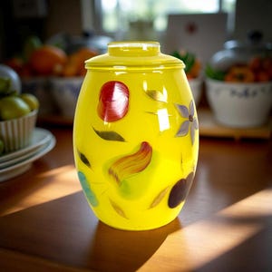 Vintage 1950s Bartlett Collins Cookie Jar, Hand Painted, MCM Mid Century Yellow Kitchen Decor Storage Container