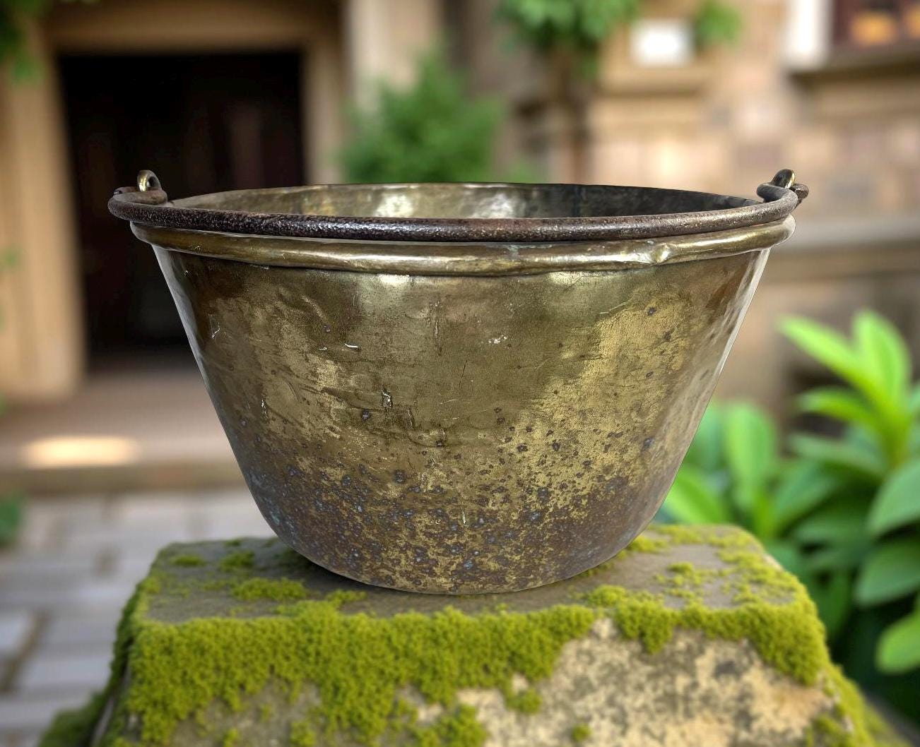 Antique 17” Hammered Brass Cauldron: Rustic Farmhouse Pot Kettle Decor ...