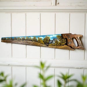 Vintage Hand Painted Saw, Countryside Farm Painting, Rustic Country Farmhouse or Western Cabin Wall Hanging Decor