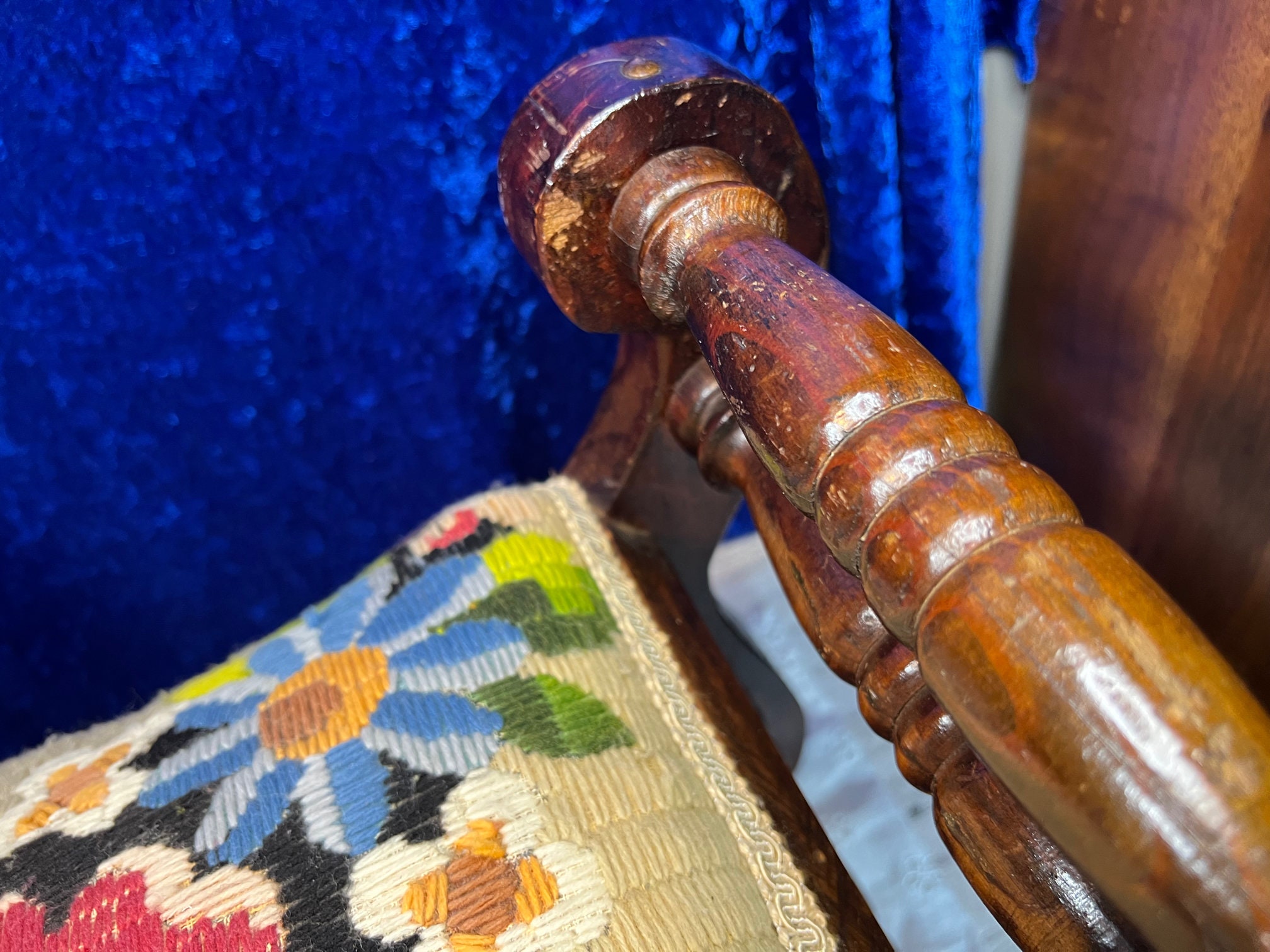 Unique Vintage Footstool, Wood W/ Long Stitch Yarn