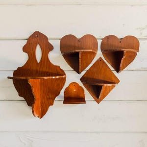 Vintage Handmade Curio Shelf Set of 5, Mid Century Wood Wall Hanging Decor, Miniatures Curio Knick Knack Figurine Display