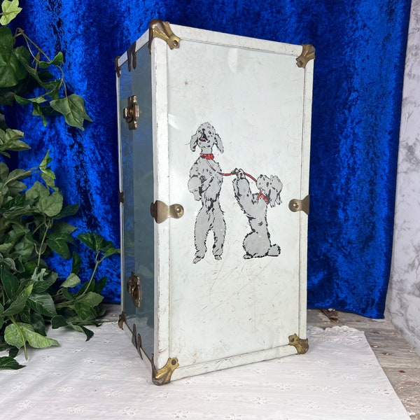 Vintage Mid Century Metal Doll Trunk, Doll Clothes Storage Case, Cass Toys, Poodle Design, Nursery Childrens Room Decor