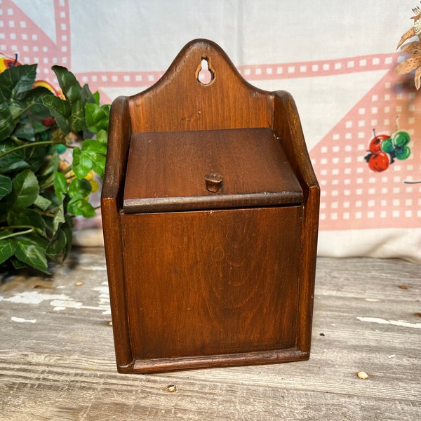 Vintage Wood Salt Box, Handmade Wall Hanging Match Spice Box, Rustic Country Farmhouse Kitchen Decor Storage, Entryway Key Holder