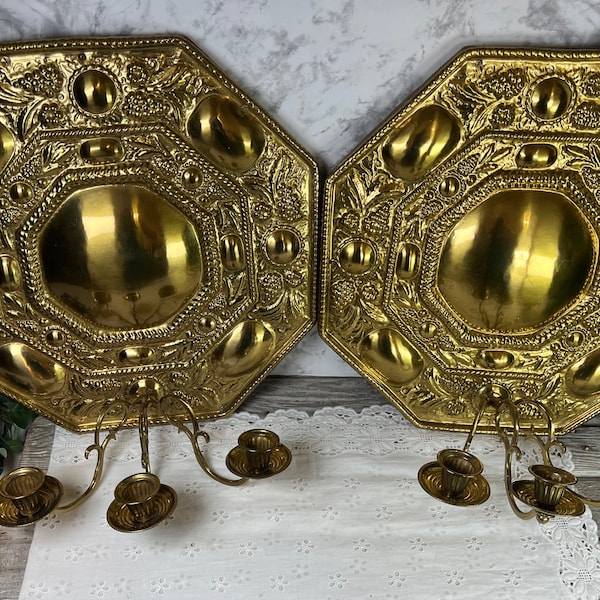 Stunning Antique 1800s Brass Wall Sconces 15x15, Set of 2 Repousse Triple Taper Candle Holders, Elegant Wall Hanging Decor Candelabra