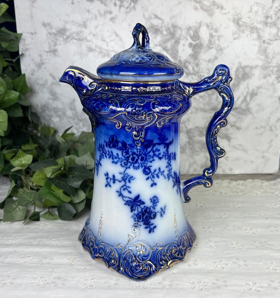 Antique Flow Blue Chocolate Pot: La Belle, Wheeling Pottery