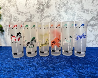 Vintage Libbey Carousel Highball Glasses, Frosted Circus Animal Barware, Set of 6
