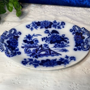 Rare 1860’s Victorian Antique Flow Blue Small Oval Platter w/ Rope Style Handles, Ashworth Bothers, England, Yedo Pattern Vivid Cobalt Blue