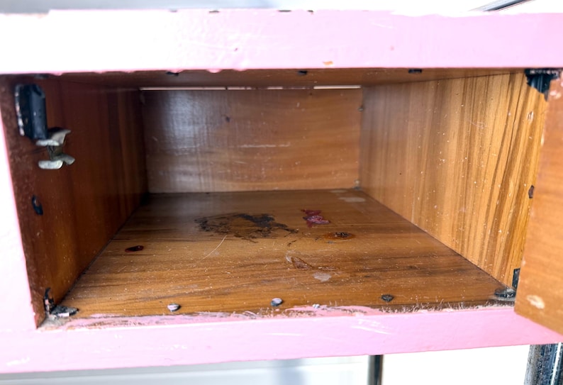 May include: An open wooden box with a pink painted exterior. The interior is natural wood with visible grain. The box appears to be part of a larger piece of furniture, with metal hardware visible on the sides.