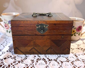 Antique Parquetry Tea Caddy: Rustic Primitive Keepsake Box