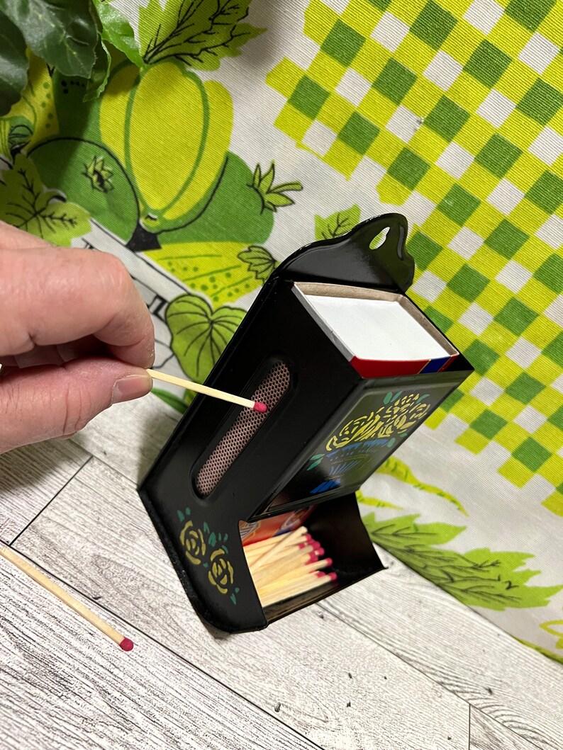 Hand Painted 1940s Metal Matchbox Holder, Wall Mount Match Box Safe