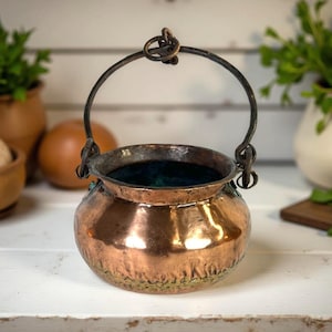 Antique 1800s Copper Hanging Pot, Dovetail Seams, Forged Iron Handle, Rustic French Country Cottage Farmhouse Kitchen Fireplace Decor