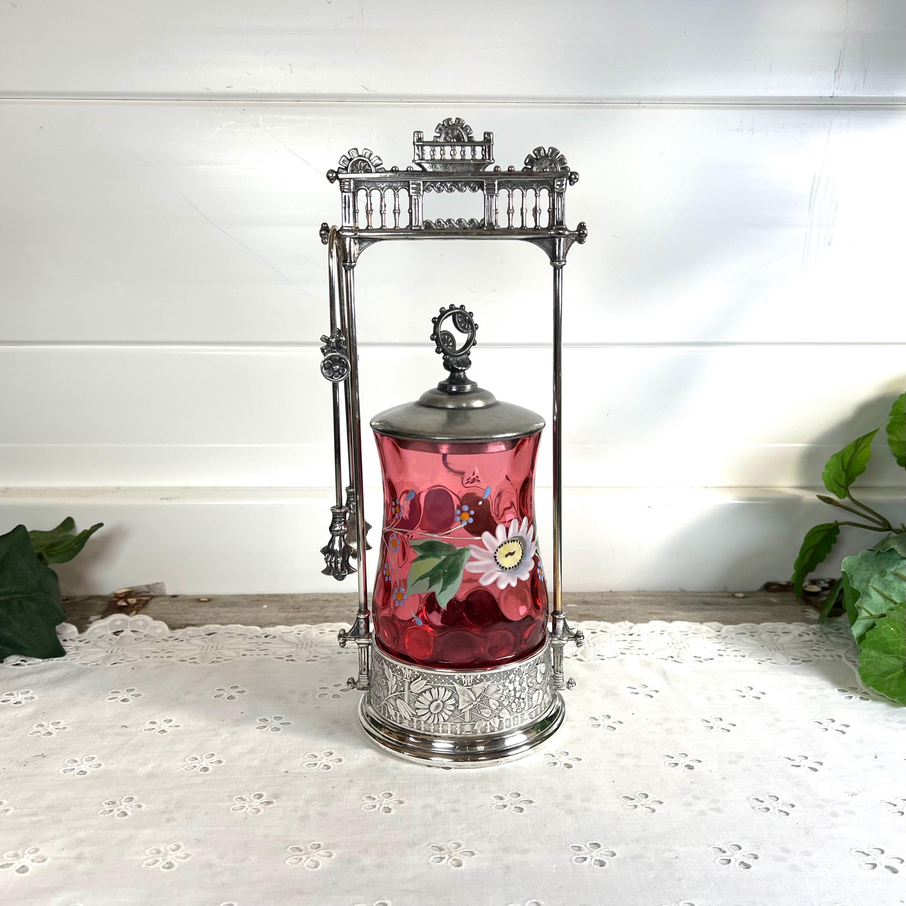 Antique 1890s Cranberry Glass Pickle Castor Jar: E. G. Webster
