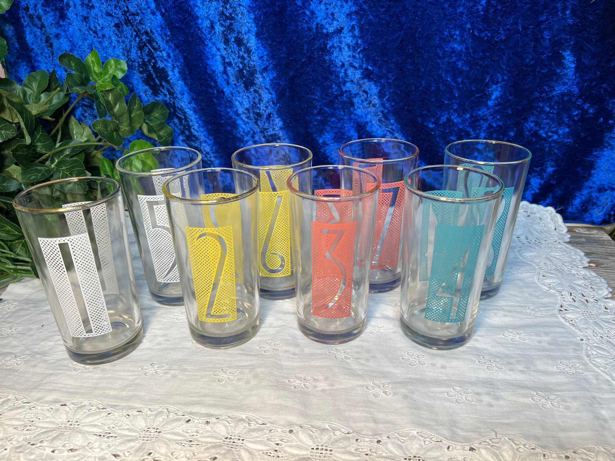 Vintage 1950s Retro Multicolored Numbered Glasses W/ Caddy & Swizzle